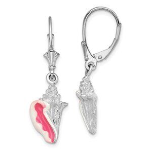 925 Sterling Silver Pink White Enamel Conch Shell Dangle Lever-back Earrings